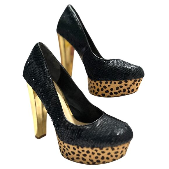 Guess UREEKALY Black Sequins Gold Heel Leopard Platform Heels Size 6.5 M - Picture 1 of 11